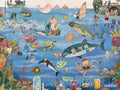 The illustrated underwater scene depicts various marine animals, including fish, turtles, rays, sharks, and an octopus. The vibrant sea life is bustling with energy and includes human-like figures interacting with the imaginative nature world. In one corner of the illustration, the "MIEREDU Growth Puzzle level 6 - Nature Imagination (5 years+)" is visible.