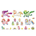 Introducing the MIEREDU Travel Magnetic Puzzle - Unicorns by MIEREDU: A vibrant collection of unicorn-themed wooden puzzle pieces, featuring unicorns, princesses, a rainbow, a castle, stars, clouds, the moon, and other whimsical shapes. These magnetic pieces are adorned with colorful designs and come in a convenient magnetic box for effortless storage.