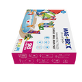 Box of Magblox Magbrix Rainbow Ball Run 98pc, showcasing vibrant assembled structures and components. It includes 98 pieces and is endorsed as STEAM approved. Ideal for fine motor skills development, the box also features illustrated instructions on the side for enhanced STEAM learning.