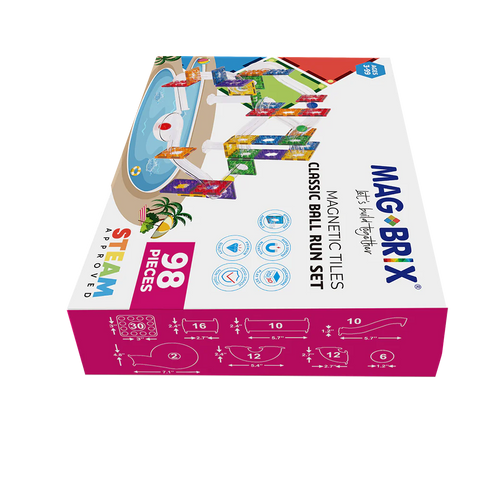 Box of Magblox Magbrix Rainbow Ball Run 98pc, showcasing vibrant assembled structures and components. It includes 98 pieces and is endorsed as STEAM approved. Ideal for fine motor skills development, the box also features illustrated instructions on the side for enhanced STEAM learning.