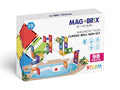 Image of the Magblox Magbrix Rainbow Ball Run 98pc packaging. The box showcases colorful magnetic tiles and ball run structures, perfect for developing fine motor skills. Labeled for ages 3 to 99, this 98-piece set emphasizes its value in STEAM learning and is proudly STEAM approved.