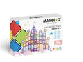 A box labeled "Magblox Pastel Pack 66pc" from the brand Magblox contains the eco-friendly set. The packaging indicates it's suitable for ages 3-99 and is STEAM learning approved, with an image of a castle built from the pastel-colored magnetic tiles displayed on the box.