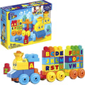 The Mega Bloks ABC Musical Train from Mega Bloks is a vibrant toy set that includes a cheerful train and an engaging alphabet adventure with letter blocks. The train, adorned with blue wheels and a yellow body, pulls two carts filled with letters. The packaging depicts a delighted child playing with the toy.