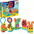 The image features the Mega Bloks Move N Groove Caterpillar sensory building set for toddlers aged 1 year and above. This vibrant set includes colorful pieces to construct a caterpillar, flower, and other playful shapes. The packaging showcases the built toys alongside the iconic Mega Bloks logo.