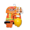 The Melissa & Doug Construction Worker Role Play Costume Set features an orange safety vest with reflective stripes, a yellow hard hat, a tool belt equipped with plastic tools, and toy safety goggles. The packaging displays children dressed in the costume.