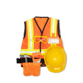 The Melissa & Doug Construction Worker Role Play Costume Set by Melissa & Doug is the perfect construction worker costume, featuring an orange high-visibility vest with yellow reflective stripes, a yellow hard hat, safety goggles, plastic tools like a toy hammer and saw, a tool belt with pouches, and a plastic ID card labeled "Construction Site.