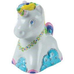 The Melissa & Doug Created By Me Unicorn Bank is a colorful ceramic unicorn figurine featuring a blue horn and yellow mane. This whimsical and playful unicorn has a floral necklace and decorative blue clouds with pink accents on its body, making it perfect for a kids activity or adding to your craft kit.