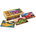 The Melissa & Doug Dinosaurs Puzzles in a Box features three vibrant wooden dinosaur puzzles, each housed in a sturdy wooden box with slots for easy organization. Each puzzle showcases a unique scene: a triceratops amid a purple landscape, a tyrannosaurus rex against an orange sunset, and a stegosaurus surrounded by greenery. The label proudly displays "Melissa & Doug.