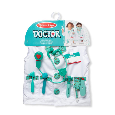 The Melissa & Doug Doctor Role Play Costume Set includes a white lab coat, a teal stethoscope with sound effects, a thermometer, a syringe, an otoscope, an ear scope, and a name tag. The packaging features two smiling children dressed as doctors.