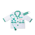 The Melissa & Doug Doctor Role Play Costume Set from the trusted brand Melissa & Doug includes a white lab coat adorned with teal medical instrument print trim, a stethoscope with sound effects, a mask, thermometer, syringe, reflex hammer, name tag, and an otoscope. The coat features pockets that hold some of the instruments.