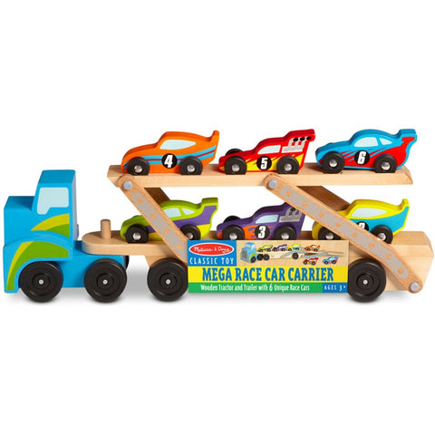 A Melissa & Doug Mega Race-Car Carrier featuring a wooden car carrier with a blue tractor and a trailer that holds six vibrant toy race cars in the colors orange, yellow, purple, red, blue, and green. The product is labeled "Melissa & Doug Mega Race-Car Carrier" and is suitable for children ages 3 and up. Ideal for developing motor skills!