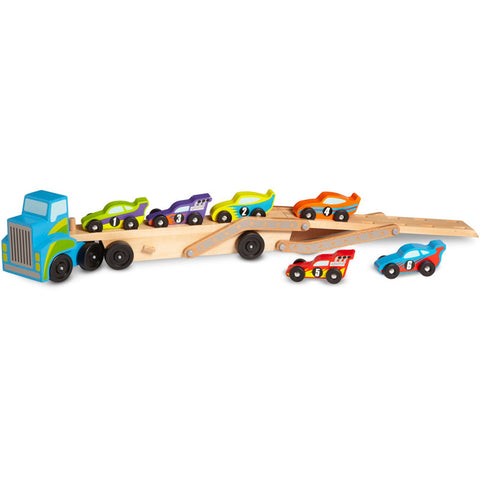 The Melissa & Doug Mega Race-Car Carrier features a wooden truck with a blue cab and black wheels that transports six vibrant race cars (green, yellow, purple, green with stripes, orange, and red) on dual-level ramps. Additionally, two more cars (red with yellow number 5 and blue with red number 6) await on the ground. This engaging toy is perfect for developing motor skills.