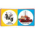 The open children's book features two illustrations: a police motorcycle labeled "police motorcycle" on the left page and a red rescue boat labeled "rescue boat" on the right page, both set against colorful backgrounds. This interactive board book, part of the Melissa & Doug Poke-A-Dot: Emergency Vehicles collection, is perfect for language development using rescue vehicles.