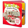 The "Melissa & Doug Poke-A-Dot: Emergency Vehicles" by Melissa & Doug is a children's interactive board book featuring a fire truck image on the cover. The cover also includes a circular section with the text, "Name the RESCUE VEHICLES! Poke the DOTS!" This book, ideal for language development, contains pages in red, yellow, and blue.