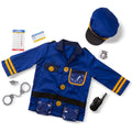 Melissa & Doug Police Officer Costume Role Play Set by Melissa & Doug includes a blue, machine-washable jacket with yellow trim, police badges, clear pockets, and star buttons. The set comes with a matching blue and black hat, toy handcuffs, a plastic police badge, a walkie-talkie with sound effects, and a checklist.