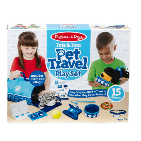 Box of the *Melissa & Doug Tote & Tour Pet Travel Play Set by Melissa & Doug* for kids aged 3 and up. The box features a girl and boy engaging in imaginative pretend play with the pet travel set, which includes plush pets, a carrier, accessories, and a total of 15 pieces. Text describes various included items.