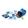 The **Melissa & Doug Tote & Tour Pet Travel Play Set** by Melissa & Doug is a blue and white pet care playset that includes a carrier bag, plush dog, plush zebra, food bowl with pretend kibble, pet ID cards, health cards, a toy syringe, collar and leash, a toy bone, ball, and feeding mat. This perfect set is ideal for imaginative play and pretend pet care with plush pets.