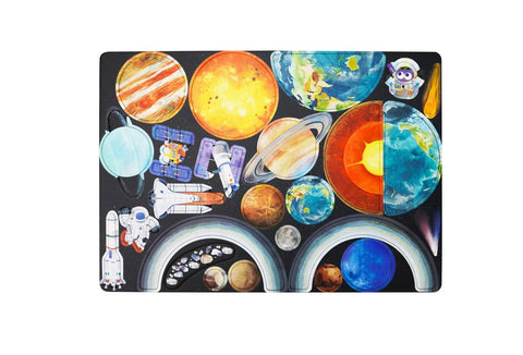 The MIEREDU Magnetic Pad Solar System is a vibrant educational tool ideal for kids. It beautifully showcases the Sun, an array of planets and moons, along with cartoonish illustrations of astronauts, spacecraft, and satellites. The puzzle also features cross-sections of some planets to reveal their interior layers.