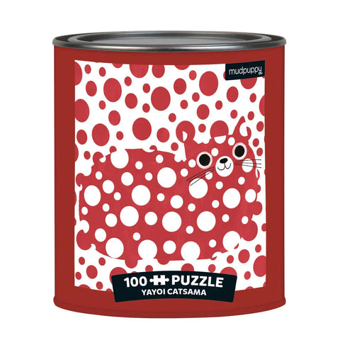 A red metal canister features a label with an abstract red and white dotted design forming a cat shape. The label reads "Mudpuppy" at the top right and "100 Puzzle Yayoi Catsama" at the bottom, encapsulating a stylized cat illustration complete with whiskers. This all comes neatly packaged in the Mudpuppy Artsy Cats Puzzle Tin - Yayoi Catsama^.