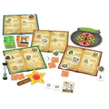 The Orchard Toys Magic Spelling set by Orchard Toys includes game boards designed to look like open spell books, ingredient cards, a cauldron spinner, an hourglass timer, and various tokens. It also comes with a wooden spoon, a star-shaped piece, alphabet tiles spelling "COW," and illustrated animal cards. It's the perfect kit for a magical spelling game!