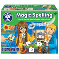 A vibrant game box labeled "Orchard Toys Magic Spelling" from Orchard Toys. The illustration depicts two children holding cards that display pictures and words such as "spider" and "cat." Text on the box provides instructions for this spelling game and highlights features like a magic wand and a timer element.