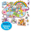 The vibrant board game for kids, "Orchard Toys Unicorn Fun Game" from Orchard Toys, showcases a rainbow arching over the game board and includes charming unicorn and animal characters along with various playful icons. This unicorn-themed game features pieces such as unicorns, a dragon, a cat, and a dog. The label reads "Game 1 Orchard Toys Unicorn Fun Game.