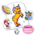 Image of the "Orchard Toys Unicorn Fun Game" by Orchard Toys, a delightful unicorn-themed game that includes a colorful unicorn and four separate parts to attach: a wing, tail, horn, and basket of items. The parts are numbered and outlined. A single die is shown in front of the numbered pieces. Text reads: "Game 3 Build a Unicorn.