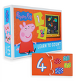 The "Peppa Pig Learn to Count Puzzle" by Holdson is featured, showcasing Peppa Pig and interactive counting puzzles. A puzzle piece displaying the number "4" alongside three presents is shown next to the box, which reads "Learn to Count." This educational game helps children match numbers with playful illustrations.