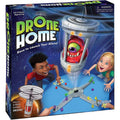 The image depicts the box for the flying drone game "Play Monster - Drone Home" by Play Monster. The front showcases illustrations of excited children launching colorful alien figures using a drone mechanism. The game's tagline, "Race to Launch Your Aliens!", is prominently displayed, and a warning label indicates small parts.