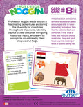 The image features the front and back of "Professor Noggin - Countries of The World^," a geography card game by Professor Noggin. This educational trivia game for kids uses cards with trivia, true or false questions, and multiple-choice challenges to teach them about different countries.