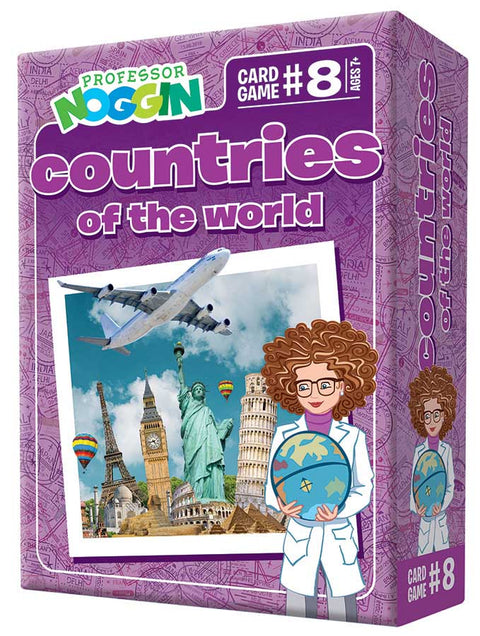 Image of a purple box titled "Professor Noggin - Countries of The World^." This educational trivia game includes landmarks such as the Eiffel Tower, Big Ben, the Statue of Liberty, and the Leaning Tower of Pisa, along with an airplane and hot air balloons. A cartoon professor holding a globe adorns this geography card game from Professor Noggin.