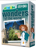 A box for the "Professor Noggin - Wonders of The World^" card game. The cover features illustrations of renowned landmarks like Machu Picchu and the Great Sphinx of Giza. A cartoon character dressed as a professor holds a map. This game is designed for ages 7 and up.