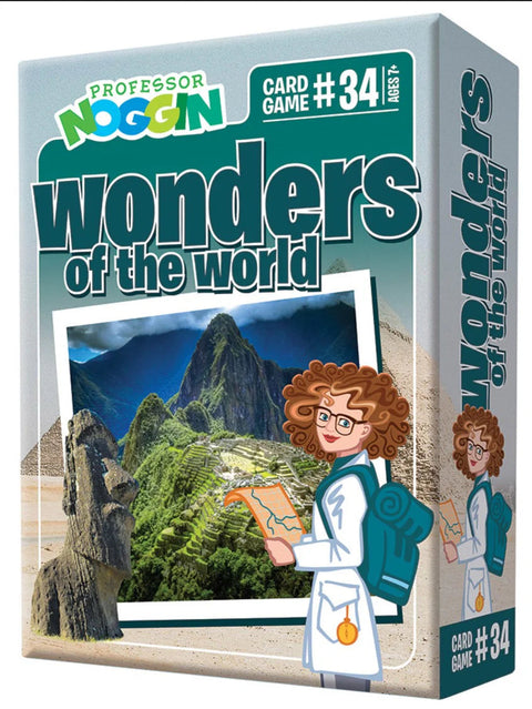 A box for the "Professor Noggin - Wonders of The World^" card game. The cover features illustrations of renowned landmarks like Machu Picchu and the Great Sphinx of Giza. A cartoon character dressed as a professor holds a map. This game is designed for ages 7 and up.