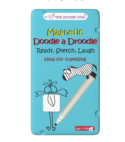 The "Purple Cow Travel Game - Doodle a Droodle" is a compact and ideal travel-sized game. Housed in a blue rectangular tin by the Purple Cow brand, it features a magnetic drawing board set labeled "Magnetic Doodle a Droodle" and "Ready, Sketch, Laugh." The tin shows a cartoon bird sketching a zebra and includes a white magnetic pen, making it suitable for ages 5-99.