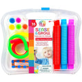 A plastic container with colorful objects from the Sense & Grow Sensory Fidget Suitcase.