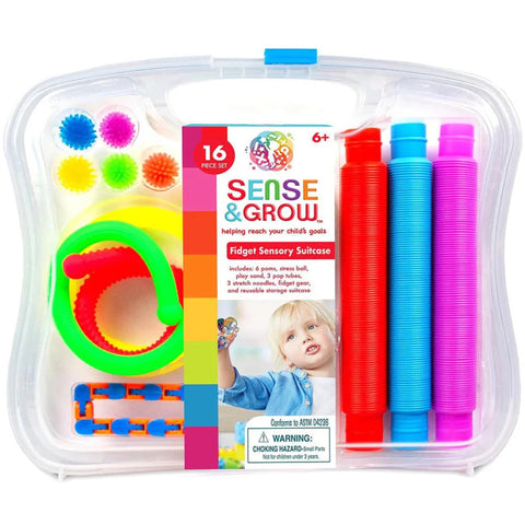 A plastic container with colorful objects from the Sense & Grow Sensory Fidget Suitcase.