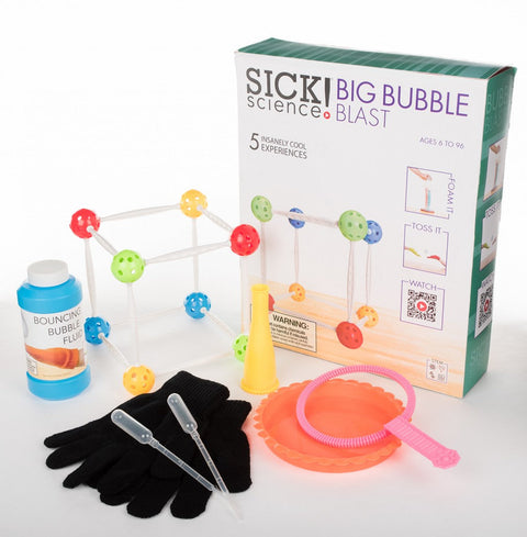 The Sick Science Big Bubble Blast kit from Sick Science is showcased with various components, including a blue bottle of bouncing bubble solution, black gloves, pipettes, a cone-shaped funnel, a pink bubble wand for creating swirling colors, an orange tray, and a geometric structure made of connectors and straws.