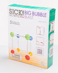 A box of "Sick Science Big Bubble Blast" features colorful, spherical components with a structure depicted on the front. It includes text stating "5 insanely cool experiences!" and is suitable for ages 6 to 96, with a warning about choking hazards. The package showcases a cyan and white design and contains a bouncing bubble solution along with a bubble wand.