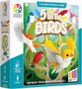 The image displays a vibrant box of the "Smart Games 5 Little Birds" by Smart Games. The packaging showcases an illustration of five colorful birds perched on a wooden tree puzzle. Text highlights that it is a 1-player puzzle game suitable for ages 6 to adult, designed to promote cognitive skills with 60 engaging challenges.