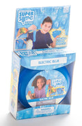 A product image of the "Super Slime Electric Blue^" from the Super Slime brand. The packaging showcases a boy playing with slime on the upper section and a girl holding slime on the circular container inside. The package includes text: "Ages 8+", "Make Slime & Create Unique Art!", and a warning label. Perfect for a kids' science activity!