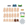 The Fisher-Price Thomas & Friends Wooden Railway Figure 8 Track Pack is a delightful wood train set perfect for preschool kids. It includes a blue engine reminiscent of the iconic Thomas, a green rail car, 13 curved wooden tracks, four straight tracks, a blue and white station, a wooden pile, and a white junction piece. All pieces are neatly arranged on a white background.