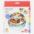 The Tiger Tribe Bath Book - Messy Farm by TIGER TRIBE is a colorful children's bath book available in English, French, German, and Spanish. The cover features adorable cartoon farm animals playing in bubbles, with water temperature-sensitive spots for added fun during bath time. It is suitable for children aged 6 months to 3 years.