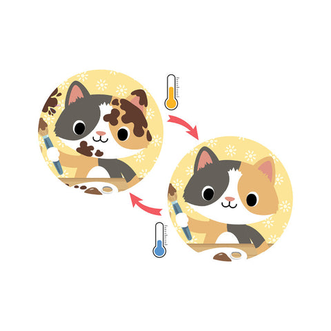 Illustration of a cat with patches changing color due to temperature. The image shows two versions of the same cat: one with dark brown patches under a high temperature icon and another with gray patches under a low temperature icon, connected by arrows—perfect for bath time fun in the Tiger Tribe Bath Book - Messy Farm by TIGER TRIBE.