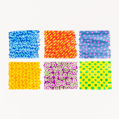 A white background highlights six vibrant squares, ideal for imaginative children. Each square features a distinct pattern: Top row includes blue with squiggles, red with yellow dashes, and dark blue with pink dots. The bottom row showcases orange with waves, purple with lime green spirals, and lime green with a cyan checkerboard design. This colorful set comes from the Tiger Tribe Colour Change Markers by TIGER TRIBE.