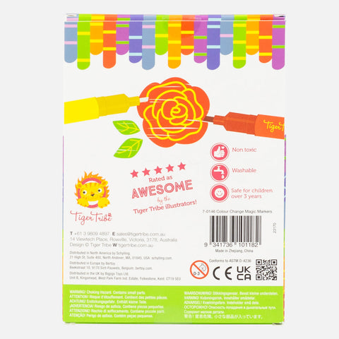 A vibrant box of Tiger Tribe Colour Change Markers by TIGER TRIBE. The back of the box depicts a creative child drawing a flower and highlights the product's features: non-toxic, washable, and safe for children over 3 years old. Contact details and a QR code are located at the bottom.