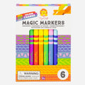 A vibrant package of TIGER TRIBE Colour Change Markers, featuring six different hues, adorned with bright and playful patterns proudly showcasing the "Color Change" feature. Perfect for creative kids, it includes a small parts warning label and is recommended for children aged 5 and up.