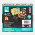 Back of the Tiger Tribe Crazy 8s + Go Fish Card Game Set box by TIGER TRIBE featuring vibrant illustrations of game cards from fan-favorite games like Crazy 8s and Go Fish. Player icons indicate suitability for 2-6 players and various age groups. The box also displays two card holders and includes product details, making it perfect for educational kids' card games.