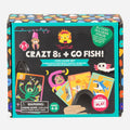 The image showcases the vibrant packaging of the Tiger Tribe Crazy 8s + Go Fish Card Game Set by TIGER TRIBE, designed for ages 4-8. This educational kids' card game includes two cardholders and features playful animal illustrations. Safety and choking hazard warnings are displayed on the box.