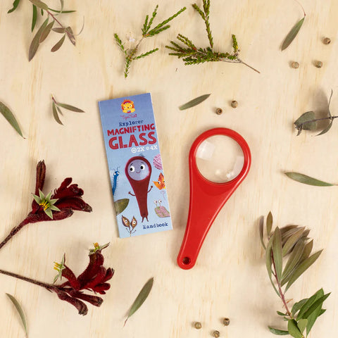 A red-handled magnifying glass sits on a wooden surface amidst small branches, leaves, and seeds. Beside it is a colorful activity booklet titled "Tiger Tribe Explorer Magnifying Glass" from TIGER TRIBE, featuring an illustration of a character with a magnifying glass—perfect for kids' nature exploration.