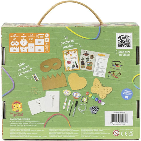 The back of the Tiger Tribe Nature Art Set, a green preschool craft kit box with a carrying handle, showcases items like yarn, markers, and various cutout shapes perfect for creative play for kids. A grid on the top left lists item quantities, and text on the right invites scanning a QR code for ideas. The set includes 10 meters of yarn.